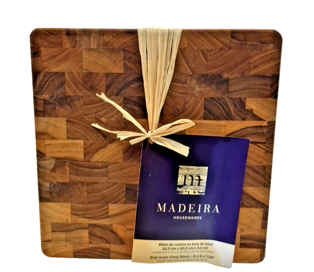 Madeira Teak End Grain Chop Block Cutting Board 8" x 1.5" Thick NWT